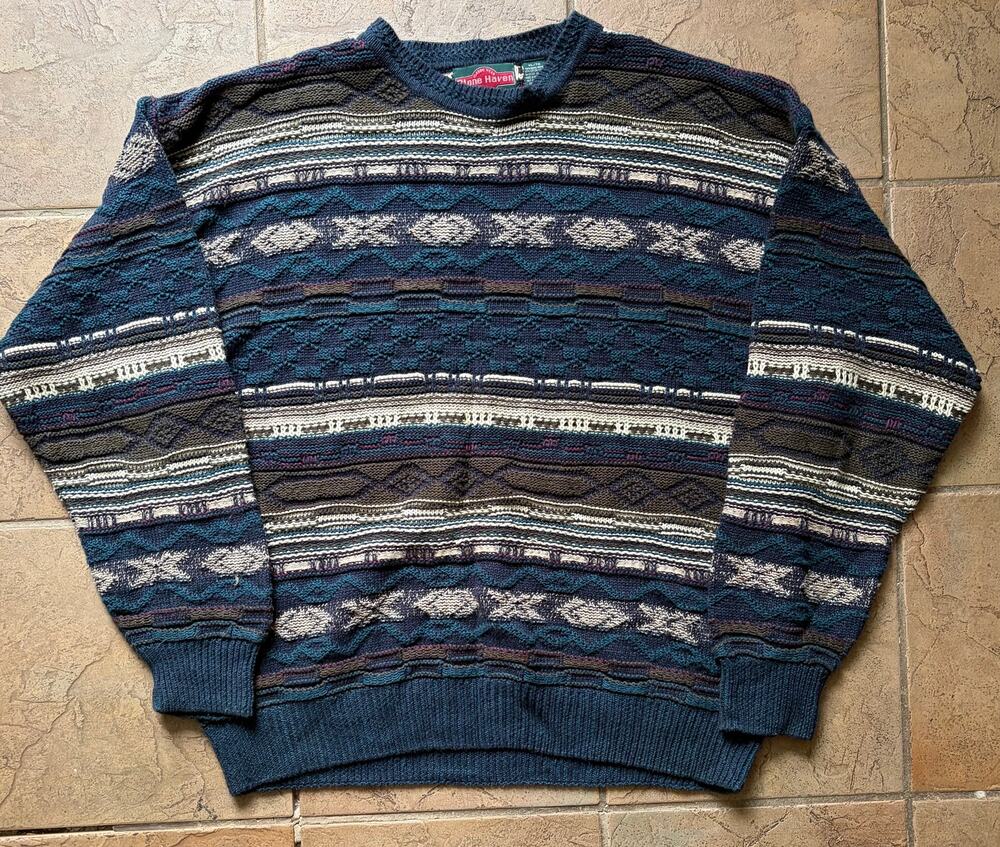 Vintage Stone Haven Classic Wear XL Geometric Knit Sweater Cotton Coogi Style